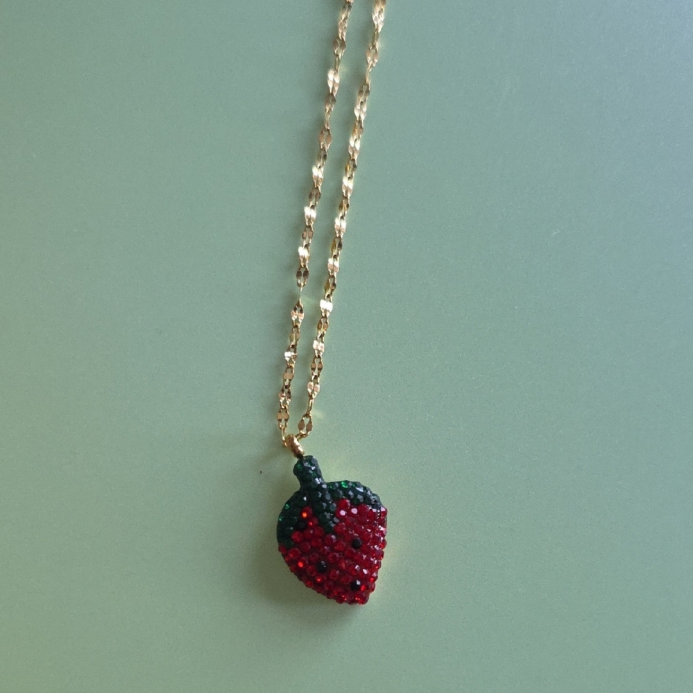 Strawberry Crystal Pendant Necklace in Red and Green KC Chic Design
